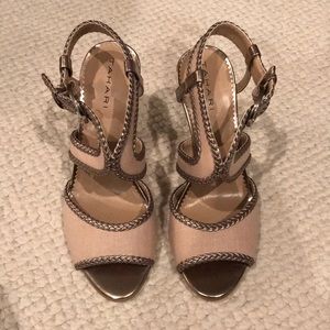 Tahari “Lima” canvas and gold heels